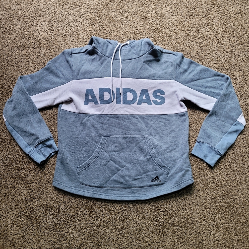 Adidas Womens Hoody Sweatshirt S Blue White Mock Neck Striped Speltout